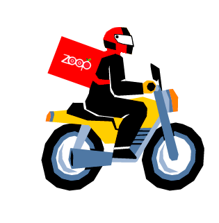 Desenho de um entregador em uma moto amarela usando uma mochila